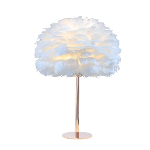 DUNMW White Feather Table Lamp Bedside Lamp with Rose Gold Metal Base Feather Table Light Desk Lampshade for Bedroom, Living Room, Home Decoration