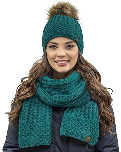 VIVISENCE Trendiger Damen Winter Set Aus Bommelmütze Mit Schal Aus Wärmendem Garn Mit Vlies-Innenfutter Antistatische Perfekte Passform Für Kalte Wintertage Modisches, Dunkeltürkis,Einheitsgröße