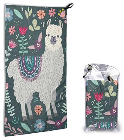 Schnell trocknendes Handtuch mit Tasche – Blumen-Alpaka-Druck, super saugfähig, Mikrofaser, Reise-Sport-Handtücher, 40 x 80 cm