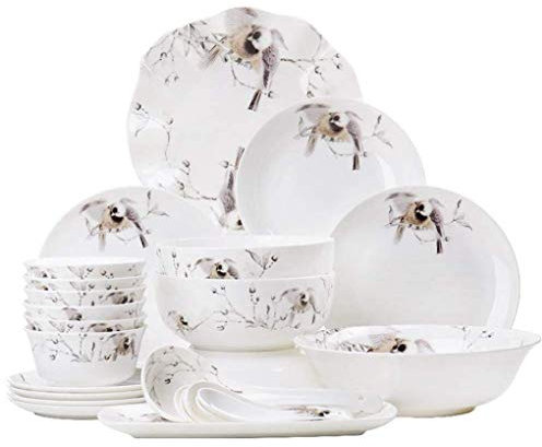 Service De Vaisselle,28 Pièces Service De Vaisselle en Porcelaine Motif De Fleurs Et d'oiseaux Peints À La Main Assiette À Dîner De Style Chinois Convient pour 6 Personnes