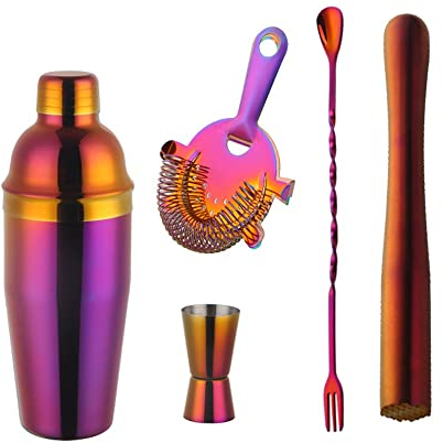 Zunedhys Conjunto de Cócteles Boston de Acero Inoxidable 750 ML Conjunto de Versores de Vino Coctelera con Colador Medir la Barman (Rojo Mágico)