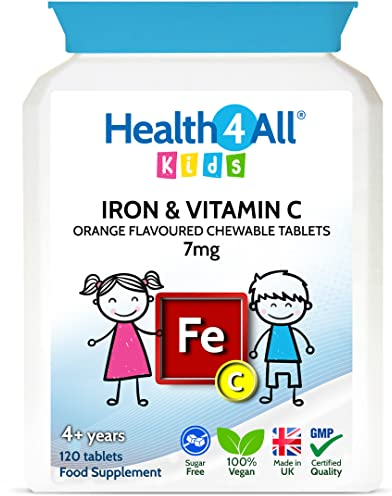 Health4All Kids Iron 120 Chewable Tablets 4 Months Supply, Vegan Sugar-Free Iron Supplement for Children 4+ Supports Learning, Growth & Immune System, Natural Orange Flavour, Made in UK (not Gummies)