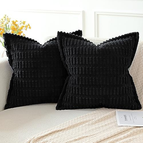 Artscope 2er Set Kordsamt Kissenbezüge Moderne Kissenhüllen Dekorative Sofakissen Dekokissen Weicher Zierkissenbezug für Wohnzimmer Sofa Schlafzimmer Boho Dekor Schwarz, 60x60cm
