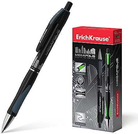 Erich Krause Druckkugelschreiber 0,35mm 12er Pack Schwarz - einfaches und weiches Schreiben - ergonomisch & schlanke Form - Kulis & Schreibtischzubehör - mit Gummigriff - MEGAPOLIS