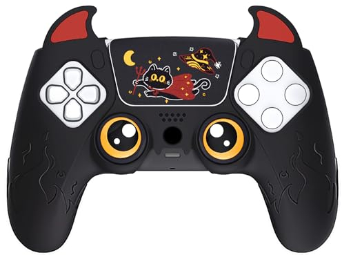 PlayVital Silikonhülle für ps5 Controller, Cute Demon Kawaii Controller Cover Schutzhülle Hülle Skin Zubehör für ps5 mit Touch Pad Aufkleber&Stick Kappen-Schwarz