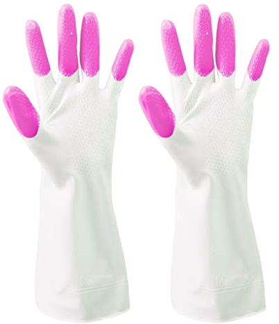 BOKIOESDE 2pcs Gloves Waterproof Cleaning Universal Mittens Wear-resistant Anti-skid Clean Accessory Men Women Household Clothes, Pink Fingers