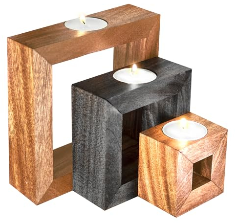 Teelichthalter Holz Schwarz – Kerzenhalter Set 3er – Deko für Wohnzimmer Modern – Tischdeko Holz Geschenk – Windlicht für Geburtstag, Einweihung