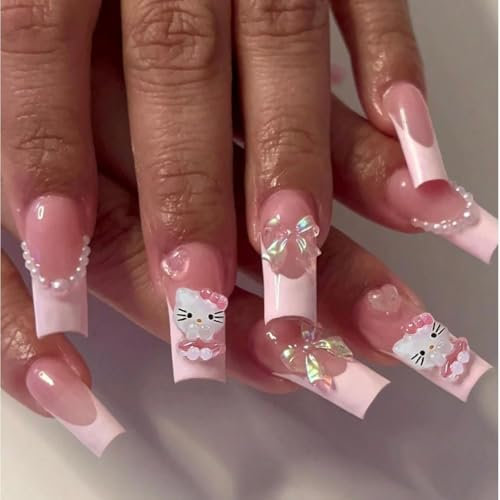 MouyouGlow Press on Nails Middle Lang,Ballerina Nude Rosa French Cute Kawaii 3D Kitty Carton Bow Tie Schleife Herz Perlen Y2K Fake Nails mit Nagelkleber,Künstliche Fingernägel
