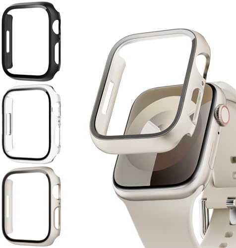 Lovmunia 3-Stück Schutzhülle mit Displayschutzfolie Kompatibel mit Apple Watch Series 9/8/7 45mm, Rundum Ultradünne Hard Gehäuse Eingebaut Kratzfest Gehärtetes Glas Schutzfolie für iWatch 45mm