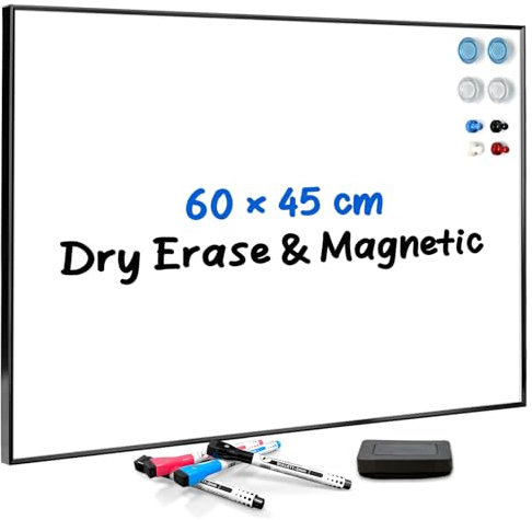 ANLIOTE Magnetic Dry Erase Whiteboard 60x45cm, Wall-Mounted Magnet Board with Black Aluminium Frame | for Home, Office, School | Includes Accessories & Mounting Kit