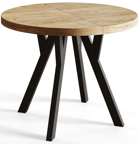 AlpiMeble Runder Esszimmertisch OVO, ausziehbarer Tisch Durchmesser: 80 cm bis 130 cm, Wohnzimmertisch Farbe: Craft, mit Holzbeinen in Farbe Schwarz
