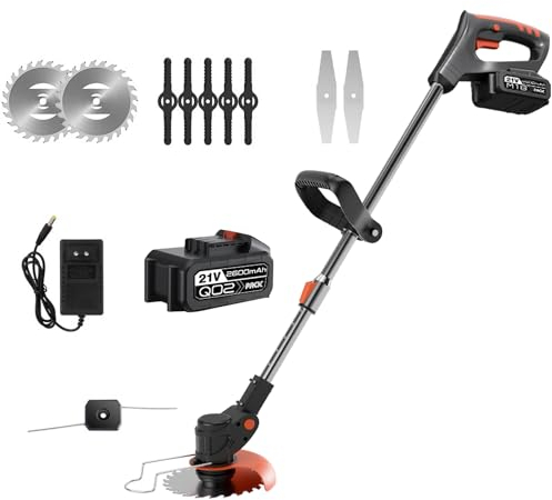 Coupe Bordure sans Fil avec Batterie, Debroussailleuse Electrique sans Fil avec 4 Types de Lames, Pliage Rétractable Tête Pivotante, pour la Coupe de Jardin, Pelouses et Terres Agricoles (1 Batterie)