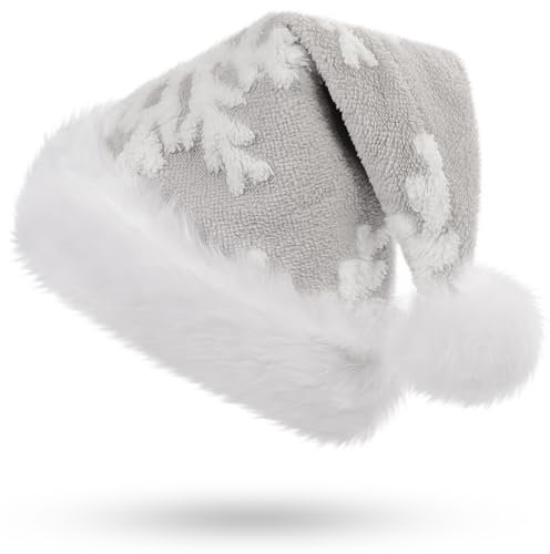 CITÉTOILE Erwachsener Weihnachtsmütze, Unisex Weihnachtsmütze, Deluxe Velvet Weihnachtsdekoration, Weihnachtshut mit Schneeflockenmuster, Xmas Hat für Party Halloween, Grau