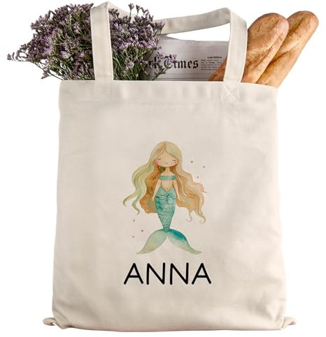 kleinebuchstaben Stofftasche Meerjungfrau Personalisiert mit Wunschnamen Kinder-Beutel für Schule, Kindergarten, Wäschebeutel, Sportbeutel, Wechselwäsche (Meerjungfrau 08)