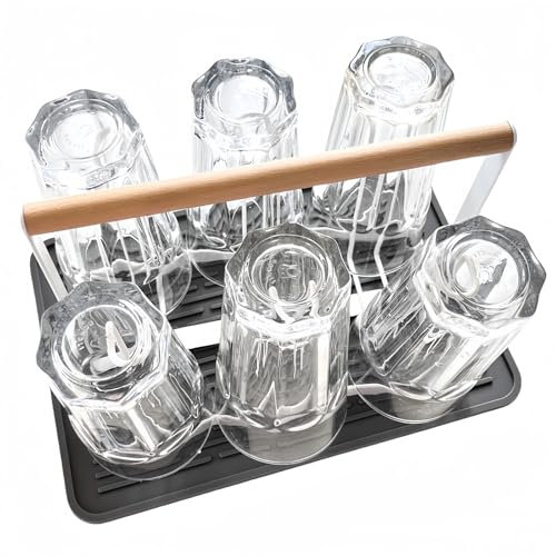HAOYIJIA Cup Drying Rack, Non-Slip Beer Glasses Rack with Wood Handle, Metal Mugs Cups Organizer with Removable Draining Tray, Drainer Holder Rack Bottle Drying Rack Stand with 6 Hooks, White