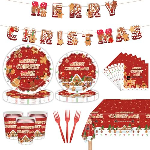 Mainiusi Partygeschirr Weihnachten Deko 86er, 16 Gäste Weihnachten Teller Set, Weihnachtstischdecke Party Geschirr, Weihnachten Dekoration Banner, Tischdecke, Pappteller, Servietten, Pappbecher (Rot)