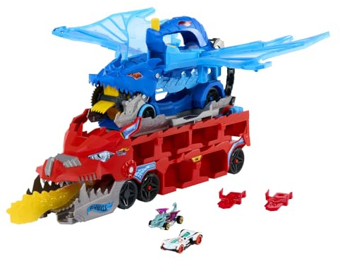 Hot Wheels City Toy Car Track Set, Ultimate Dual Dragon Transporter & 2 Die-Cast Cars, Large-Scale Dragon & Detachable Dragon, Stores 20+ Vehicles