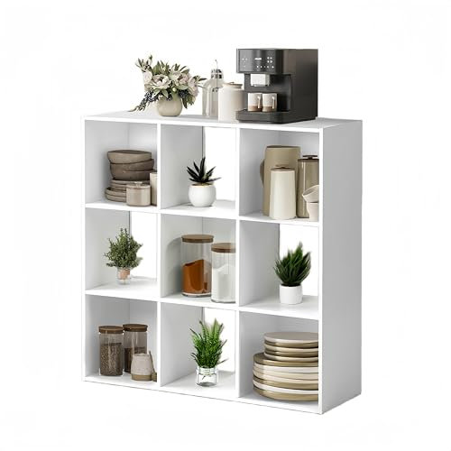 Ginhow Bücherschrank Weiß mit 9 Offenen Fächern, Bücherregal Weiß Quadrat mit 3 Ebenen, Würfelregal im Nordischen Stil für Wohnzimmer Schlafzimmer Küche Büro, 93x29.5X 93CM