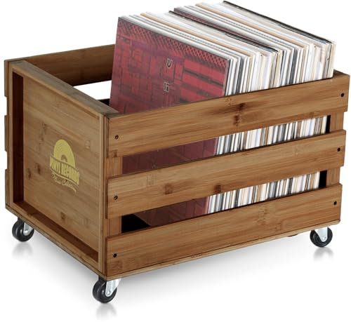 Stagecaptain SPKB-100 BN Bambus Schallplattenkiste “Emil” 2x SET - Aufbewahrungsbox für bis zu 100 LPs - aus Bambus - 4 lenkbare Rollen - auch für vieles andere bis 25 kg verwendbar - Braun