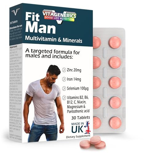 VITAGENERICS FitMan High Strength Multivitamin & Minerals | 30 Tablets| with Zinc, Iron, Biotin, Vitamin D, Magnesium, B-Complex & More! UK Made Supplement for Men