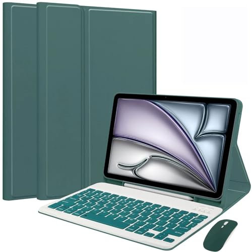 HEKUEUN Funda con Teclado para iPad Air 11 Pulgadas (M2) 2024/10,9 Pulgadas Air 5ª 4ª Generación, con Ratón Teclado Bluetooth Español Ñ Desmontable, Funda Tipo Ultrafina con Portalápices,Verde