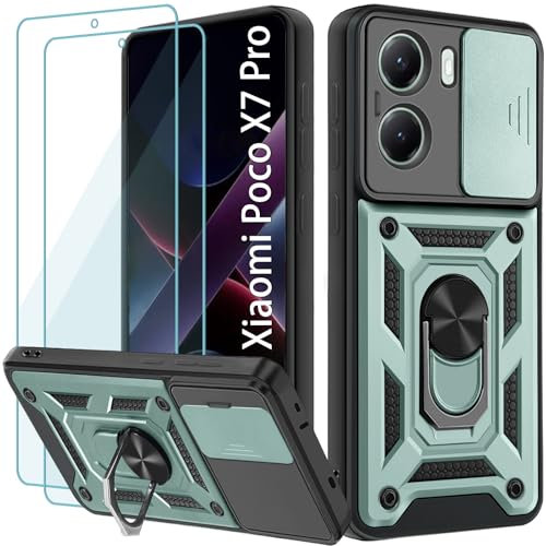 Yohii Funda para Xiaomi Poco X7 Pro 5G 6.67, con 2 Piezas Vidrio Templado, Cubierta De Cámara Deslizante, 360 Anillo Soporte PC y Silicona TPU Bumper Antigolpes Case, Verde