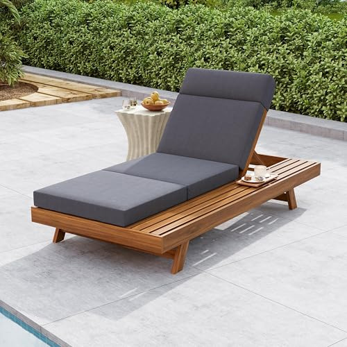 Acacia Wood Chaise Lounge Set with 3-Fold 4 Water-Resistant Cushion & Headrest,4-Position Adjustable Backrest Recliner,Outdoor Lounger Chair for Patio,Garden,Poolside,Balcony,Deck,79 Dark Gray,Teak