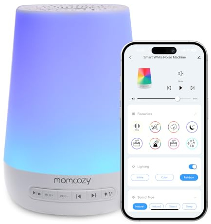 Momcozy Macchina del Rumore Bianco,Macchina del Suono per Bambino Adulto,34 Suoni Lenitivi,White Noise Machine Luce a 7 Colori,Macchina Rumore Bianco Telecomando APP, Funzione di Temporizzazione