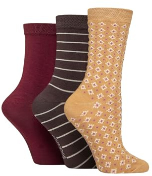 SockShop Ladies’ Plain Patterned Striped Bamboo Socks Soft Breathable Socks Assorted Colours 4-8 Pack of 3 (UK, Numeric, 4, 8, Regular, Regular, Patterned Burgundy Micro)