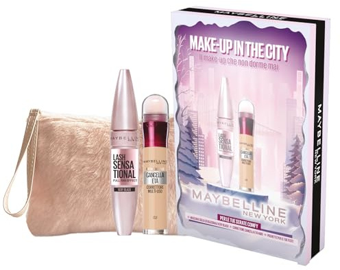 Maybelline New York Geschenkbox mit Tasche, Mit Concealer und Mascara, Weihnachtskollektion Make Up in the City 2025, Mascara Sensationelle Wimpern Black, Löschen Alter 02 Nude