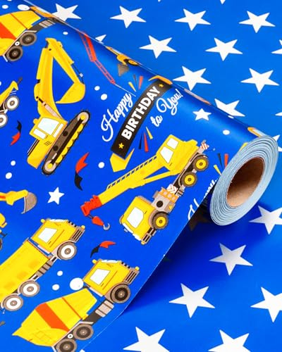 Wikadlik Geburtstags-Geschenkpapierrolle – niedliche Traktor-LKWs, silberner Stern-Design, tiefblaues Geschenkpapier für Kinder und Jungen, 43 cm x 10 m