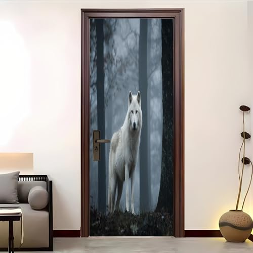 3D Türaufkleber Tier Wald Wolf Muster Tür bekleben mit Türtapete Türposter Türfolie Selbstklebend 90x200 cm Tür verschönern PVC Wasserdicht Abnehmbar WeißTürfolie TürPoster