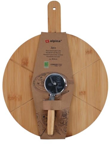 MICA alpina Pizzabrett mit Pizzaschneider - Küchen Gadgets aus Bambus - Pizzaschieber mit Messer - Ø 34 cm - Praktisches Design
