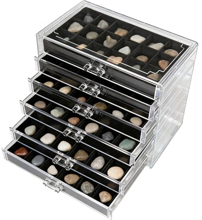 Rebanky Edelstein Vitrine Sammelbox 6 Schubladen 108 Fächern für Mineralien | Acryl Sammelbox und Setzkasten für Mineralien, Kristalle, Fossilien, Steine und Miniaturen