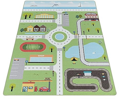 KADIMA DESIGN Kinderteppich Spielstraße Straßenmotiv Pflegeleicht Bunt Waschbar Strapazierfähig Grün 80x120 cm Kinderzimmer Fußbodenheizung geeignet Schadstoffgeprüft Oeko-TEX | TRAUN