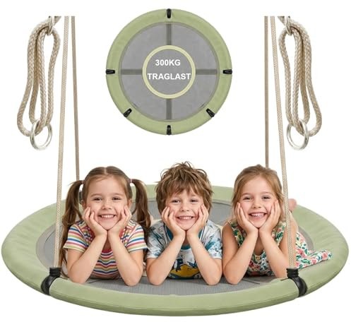 Columpio Nido 120 cm para Niños y Adultos, Columpio de Jardín Exterior e Interior con Cuerda Ajustable, Gran Resistencia hasta 300 kg, Asiento Redondo Robusto y Segurom, Verde grisáceo