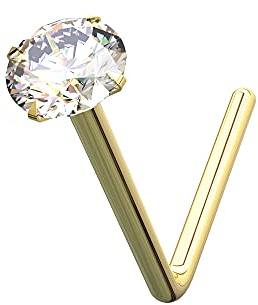 14K Gelb Gold Klaue festgelegt 2,5 MM klar Crystal Stein 22 Gauge L Bend Nase Stud Piercing
