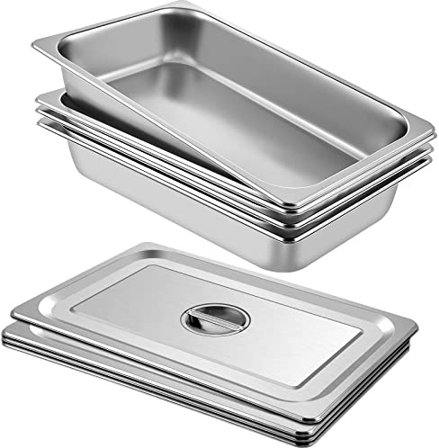 VEVOR 4 Pack Stainless Steel Full Size Hotel Pans with Lids – 3.7 Deep, 0.8mm Thick Anti-Jam Commercial Food Pans for Steam Tables, Restaurants & Catering, 20.8 x 13 x 3.7