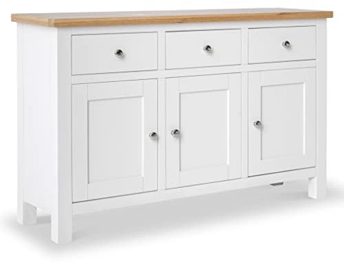 RoselandFurniture Farrow White Sideboard for Living Room Large Storage Cabinet with Oak Top | Fully Assembled Painted 3 Door Solid Wooden Cupboard with 3 Drawers for Hallway or Dining Room