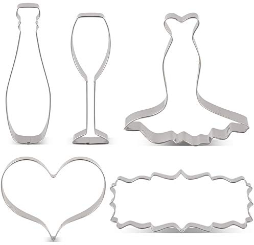 LILIAO Wedding Cookie Cutter Set for Anniversary/Bridal/Engagement - 6 Piece - Wedding Diamond Rings, Heart, Wedding Dress, Plaque, Champagne and Champagne Glass Fondant Cutters - Stainless Steel
