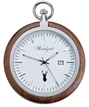 Waidzeit TW01 Alpin Walnuss Taschenuhr Uhr Herrenuhr Holz Analog Datum Weiss
