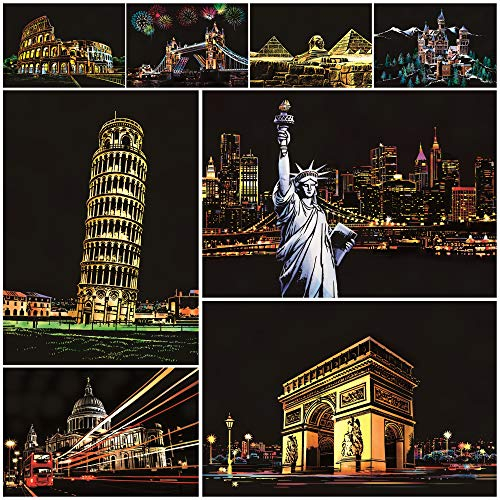 SiYear Scratch Paper Rainbow Painting Sketch, City Series Night Scene,Scratch Painting Creative Gift,Scratchboard for Adult and Kids with 4 Tools