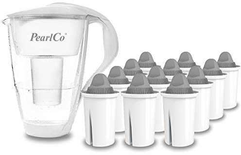 GLAS-Wasserfilter PearlCo (weiß) mit 12 Protect+ classic Filterkartuschen (f. hartes Wasser) - Made in EU