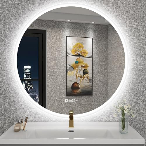S’bagno Round Bathroom Mirror with LED Lights 800mm, LED Bathroom Mirror Wall Mounted with Bluetooth, Anti-Fog, 3000K-6500K, Dimmable, HD Tempered Glass, Memory, IP44 Waterproof