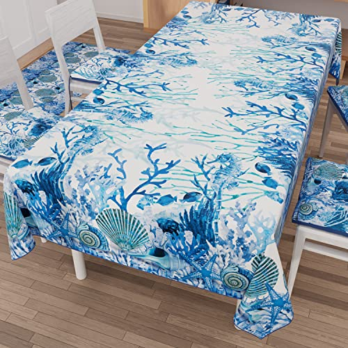 PETTI Artigiani Italiani - Tovaglia Antimacchia Rettangolare Copritavolo Cucina Disegno Corallo Blu X24 Posti (140x450 cm) 100% Made in Italy