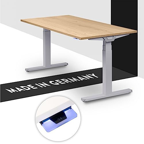 boho office® Höhenverstellbarer Schreibtisch 160 x 80 cm - Made in Germany, Elektrisch, 2 Motoren, 3-Fach Teleskop, Kollisionsschutz - Premium Line Silber inkl. Tischplatte in Wildeiche furniert