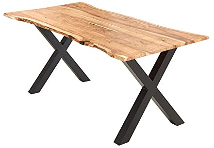 SAM Esstisch 160x85 cm Burgos, Akazienholz massiv + naturfarben + lackiert, echte Baumkante, Baumkantentisch mit X-Gestell aus Metall schwarz, Tischplatte 26 mm