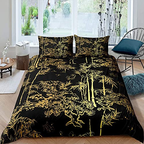Loussiesd Luxus Schwarz Gold Bettwäsche Bambus Bettbezug für Mann Frau Senior Schlafzimmer, orientalische botanische Bettbezug orientalische Geschenk Bettwäsche 200x200cm Fashion Decor 3 Stück