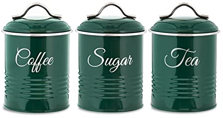 Innoteck Essentials Tea, Coffee, Sugar, Canister Set - Decorative Kitchen Food Storage - Easy to Open Airtight Lids - Storage Tin for Your Favorite Tea, Sugar, and Coffee - Set of 3 Canisters Green