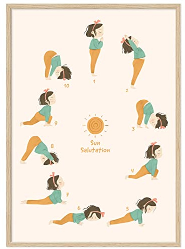 kizibi® Yoga Poster für Kinder mit Rahmen Farbe Natur, Yoga Sonnengruß im Kinderzimmer, Yoga für Kinder, Yogaübungen mit Kind